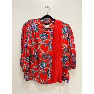 Vintage Diane Freis Red Multicolor Floral Birds Blouse Pleated Purple Top OS